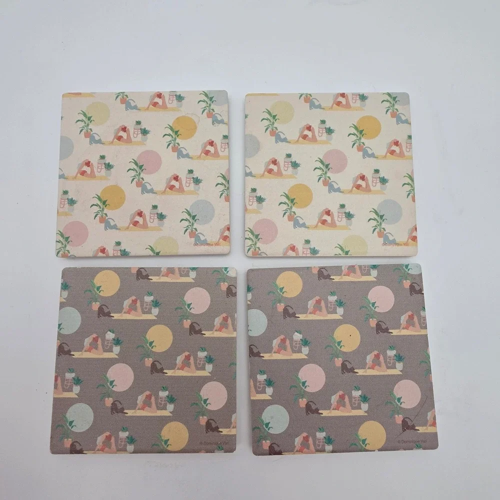 Yoga Cat Absorbent‎ Stone Coasters Set of 4 Cream Grey Cork Back Bohemian Decor